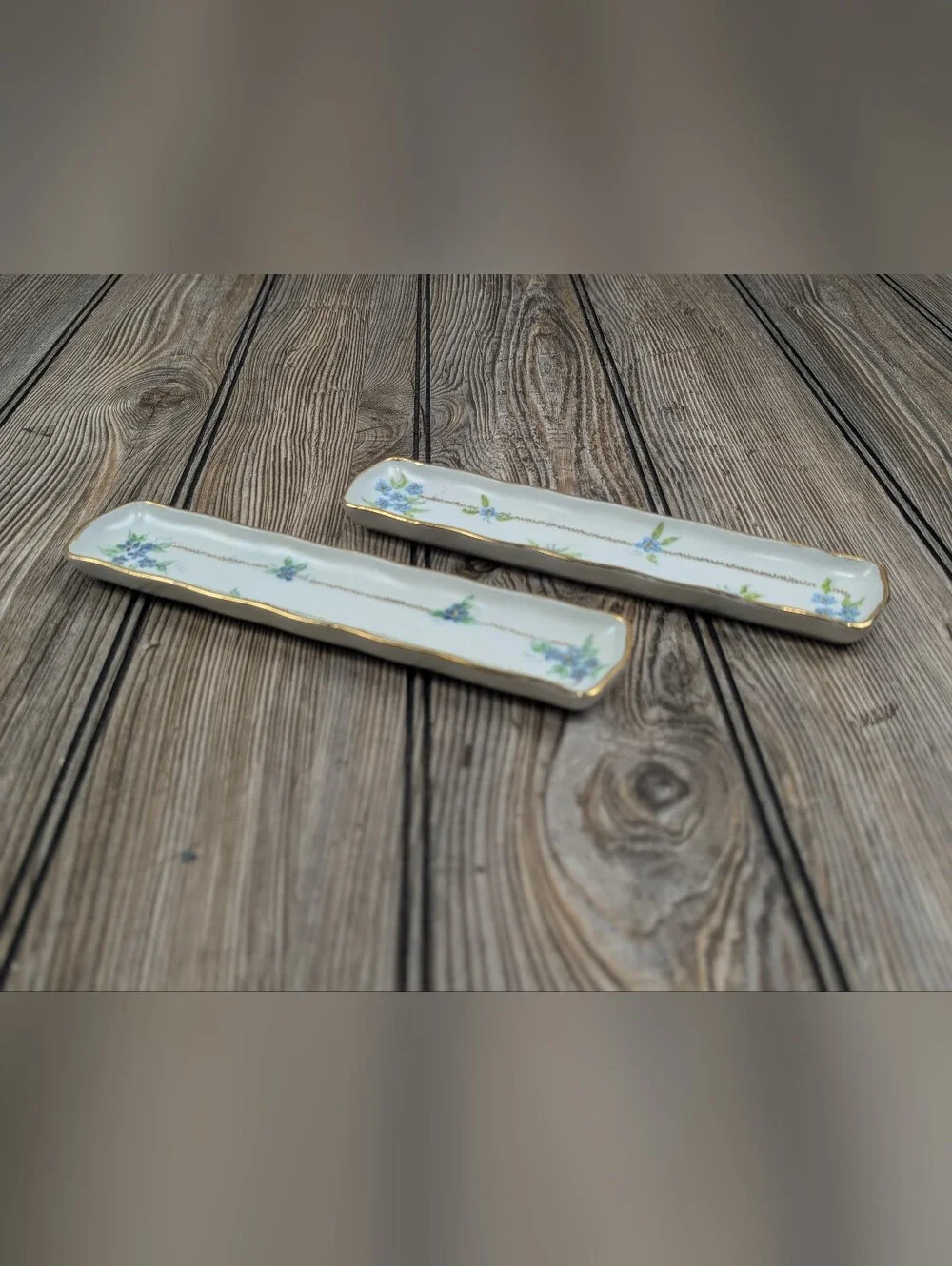 Vintage Hand-Painted Porcelain Long Narrow Trays - Set of 2 | Floral & Gold Gilt